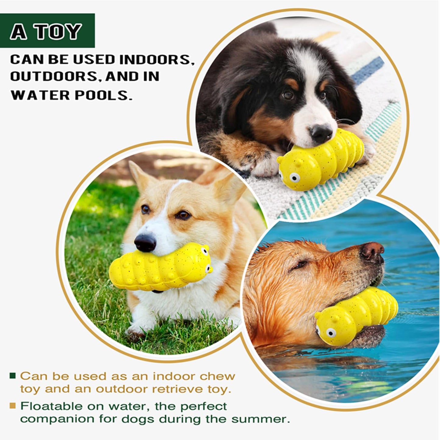 Yellow ribbed caterpillar-shaped squeaky dog chew toy with cartoon face.