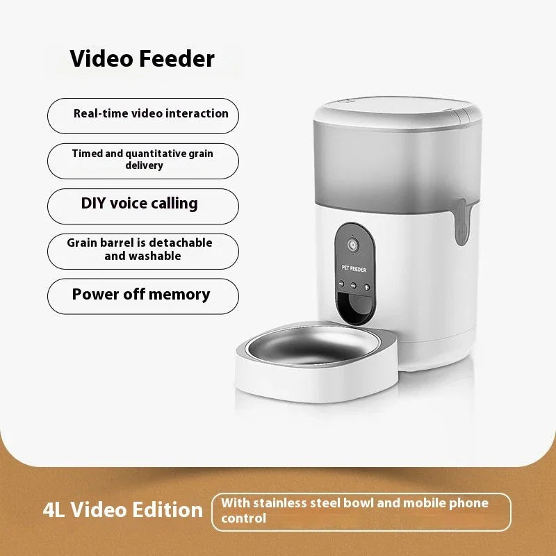 White automatic video cat feeder with removable bowl and front control panel