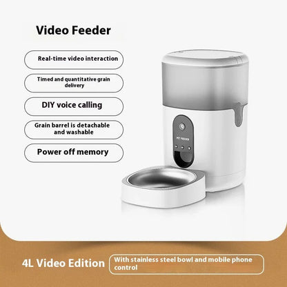 White automatic video cat feeder with removable bowl and front control panel