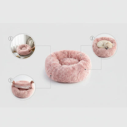 Midfox Plush Donut Comfort Pet Bed in pink, shown in a main view and three lifestyle vignettes.