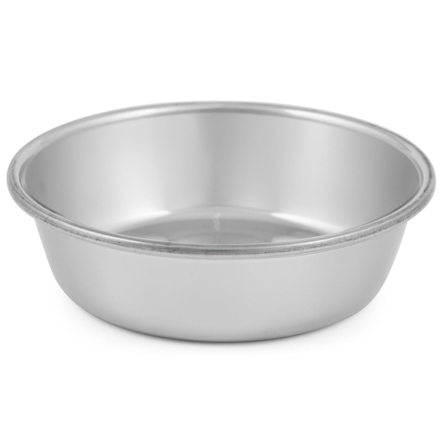 Stainless steel pet bowl with reflective interior, close-up side view.