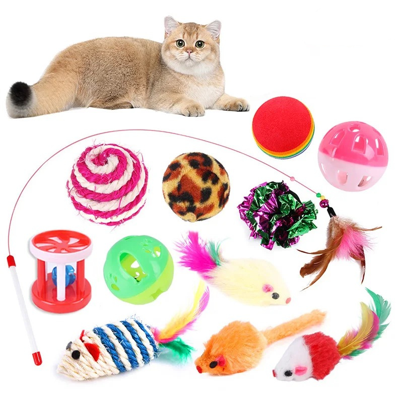 Assorted cat toy bundle with colorful balls, mice, feathers, and crinkle pom-poms