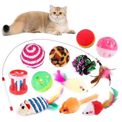 Assorted cat toy bundle with colorful balls, mice, feathers, and crinkle pom-poms