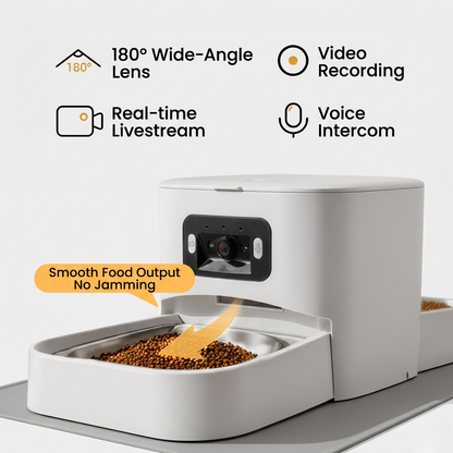 White automatic pet feeder close-up with open feeding tray and front lens
