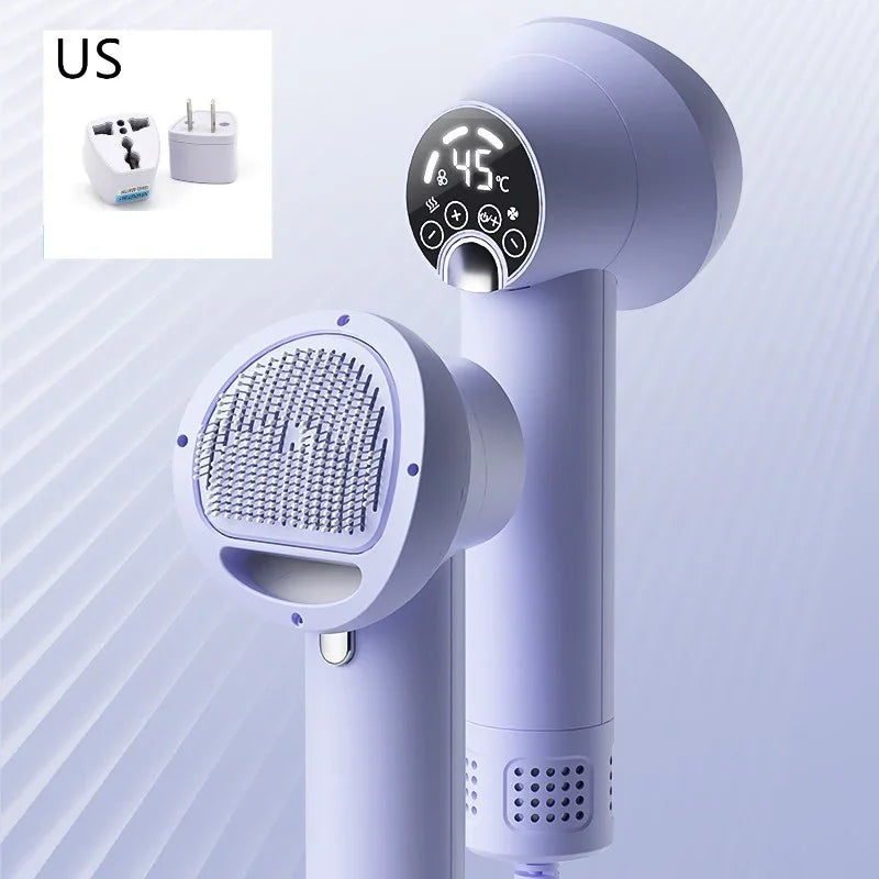 Purple pet hair dryer with round blowing comb nozzle and temperature display