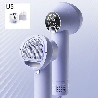 Purple pet hair dryer with round blowing comb nozzle and temperature display