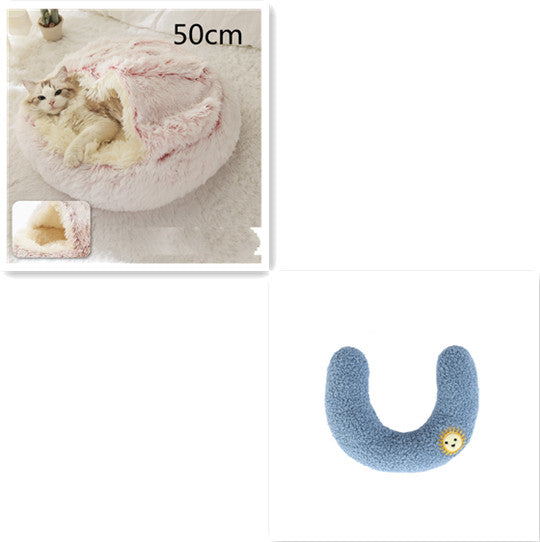 50cm plush pet bed, blue U-shaped cushion with sun-face patch