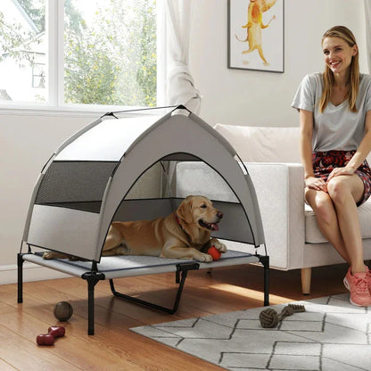 Light gray elevated dog bed with removable canopy and raised cot base for dogs