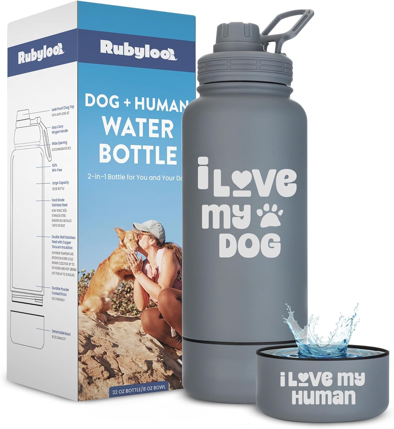 Insulated dog water bottle with gray finish, “Love my dog” text, plus matching bowl