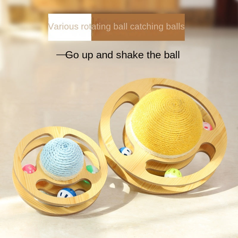 Yellow and blue sisal ball cat scratcher set with two wooden wheels and rolling balls
