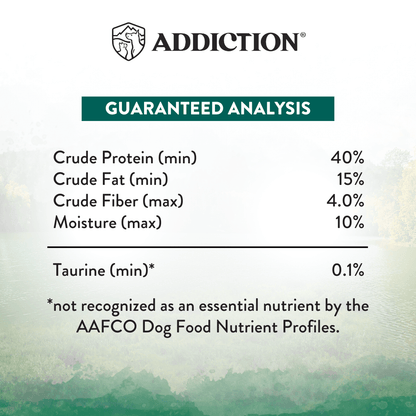 Dry dog food guaranteed analysis: 40% protein, 15% fat, 4% fiber, 10% moisture