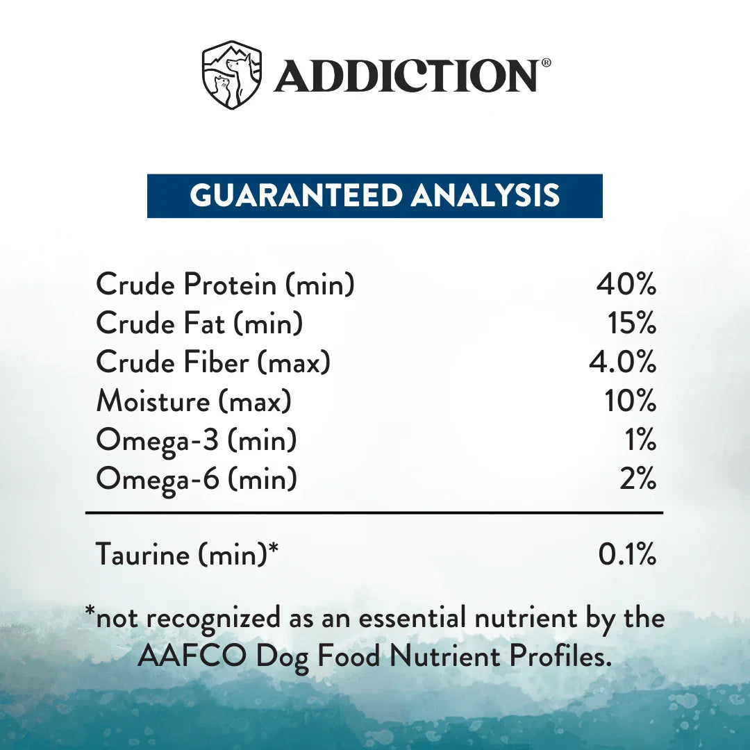 Guaranteed analysis nutrition panel listing protein, fat, fiber, and omega levels