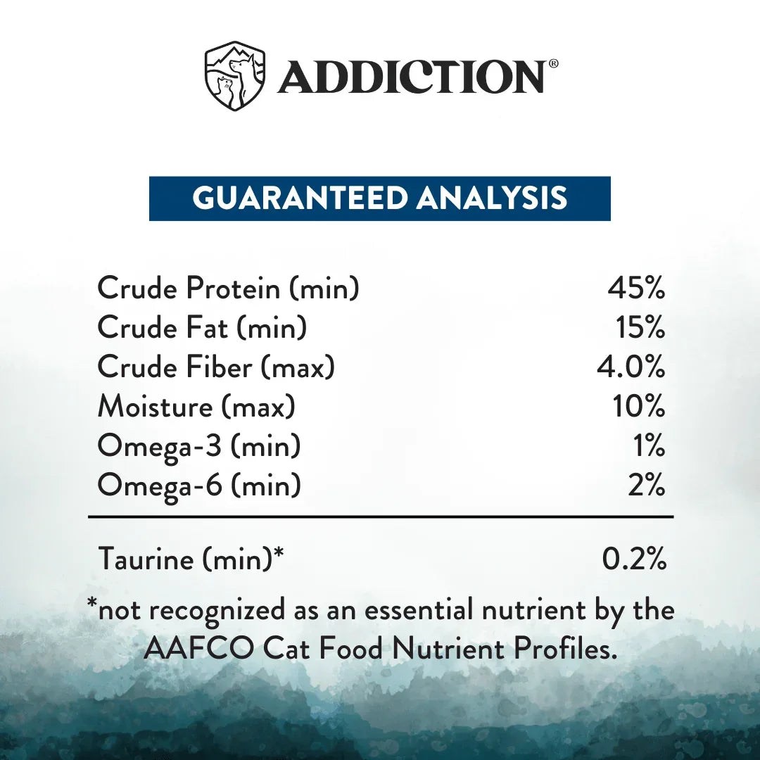 Guaranteed analysis panel listing protein, fat, fiber, moisture, omega-3 and omega-6