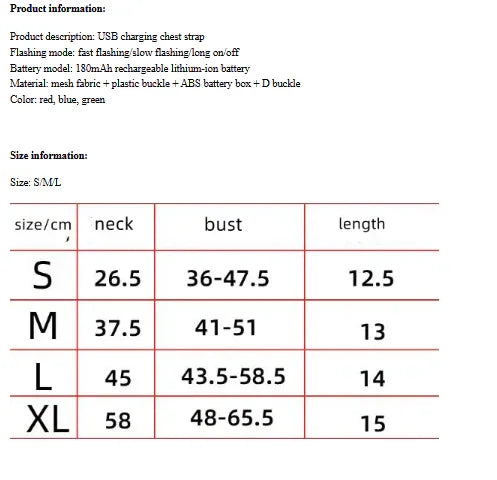 Size chart for LED dog harness: neck, bust, length measurements (S–XL)