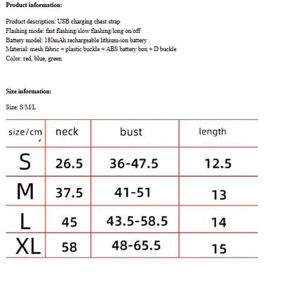 Size chart for LED dog harness: neck, bust, length measurements (S–XL)