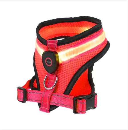GlowPaws LED dog harness, red mesh with black trim and glowing stripes