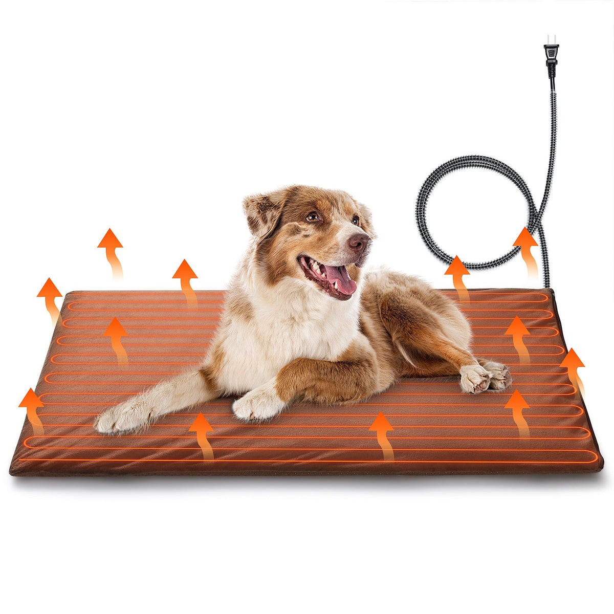 Outdoor pet heating pad with orange base and coiled power cord; dog resting on it
