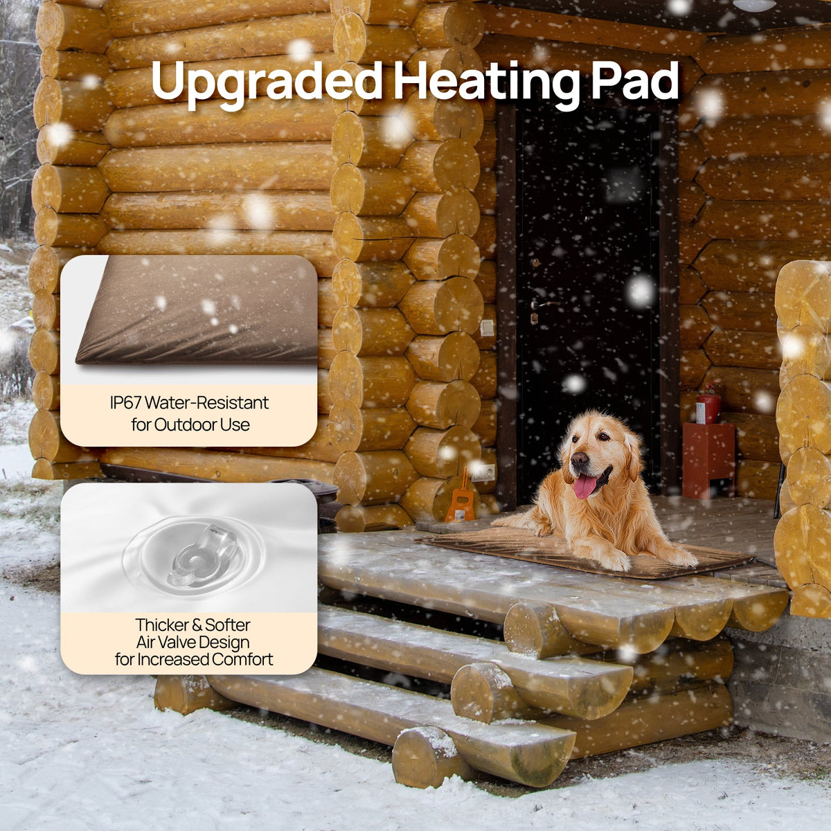 Outdoor pet heating pad on raised steps in snow with dog lying on the warm surface