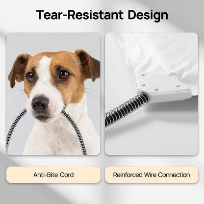 Pet heating pad with anti-bite cord and reinforced wire connection; dog close-up