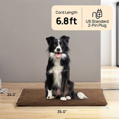 Pet heating pad with brown surface and 2-pin plug cord; dog resting indoors