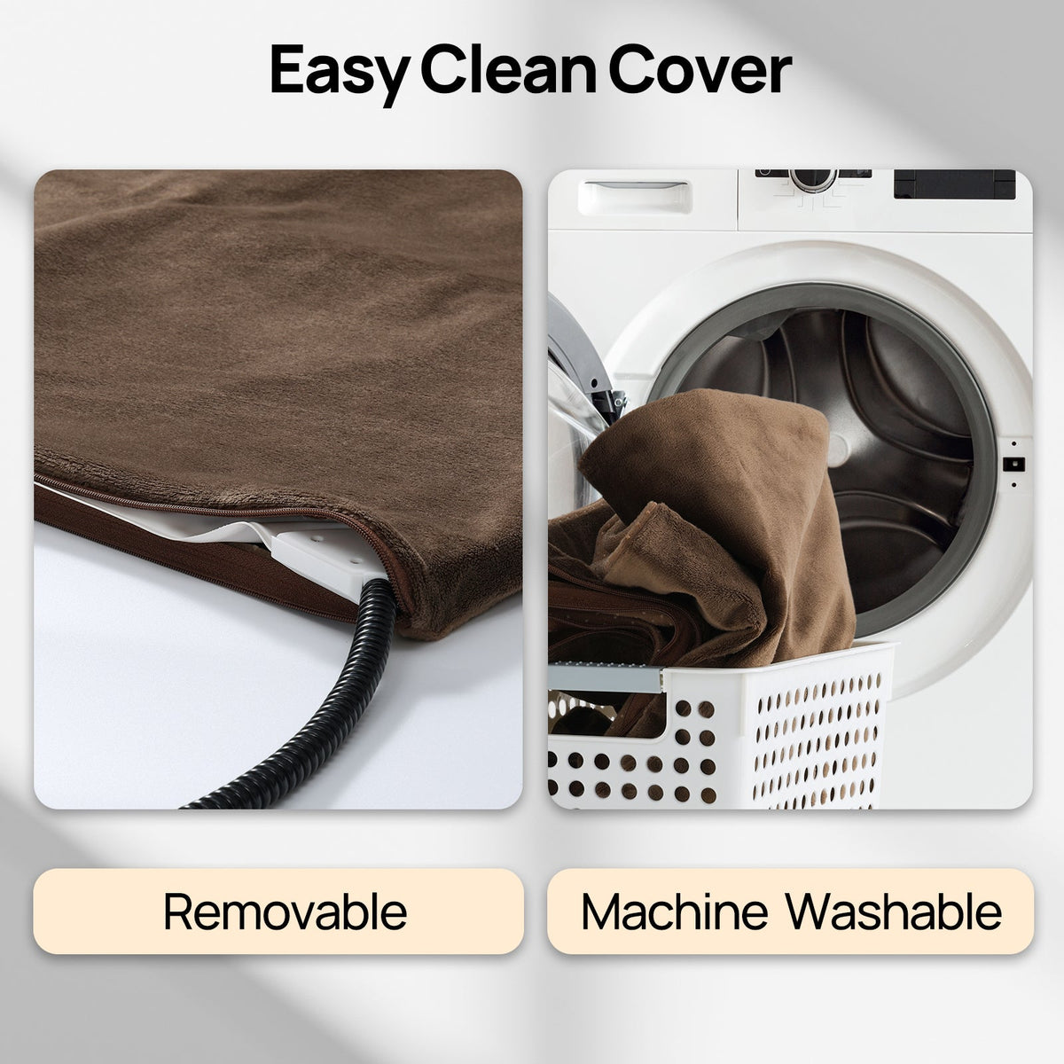 Pet heating pad easy-clean cover shown removable next to washing machine