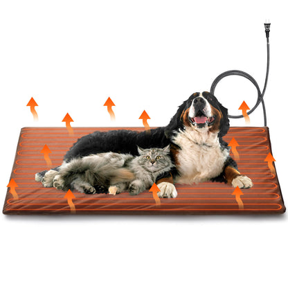 Outdoor pet heating pad in orange with power cord; dog and cat resting together