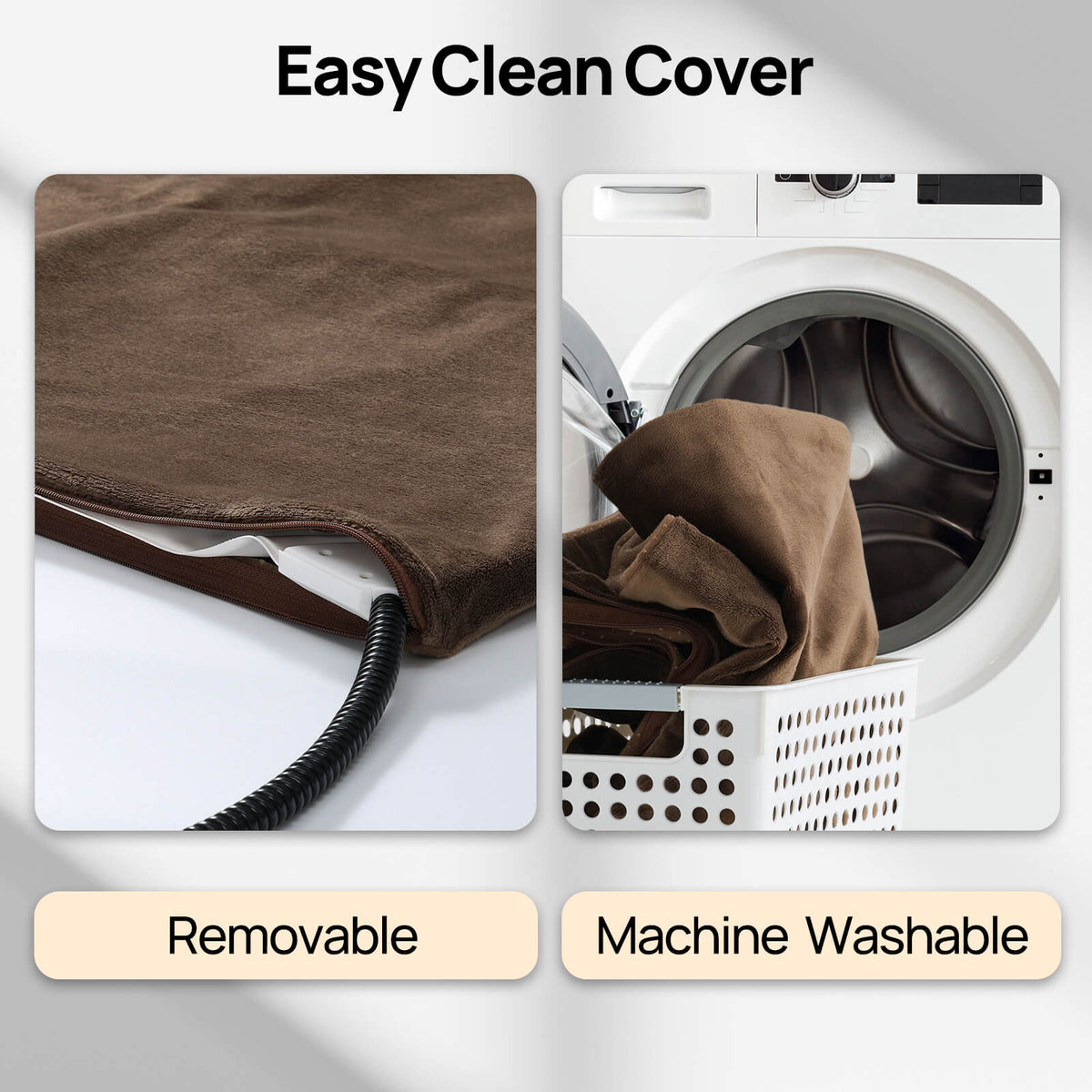 Removable brown pet heating pad cover beside washing machine drum for machine wash