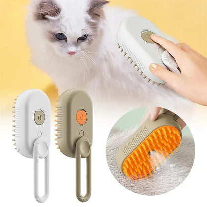 Cat steam spray brush set with white and beige handles and orange spiked comb head