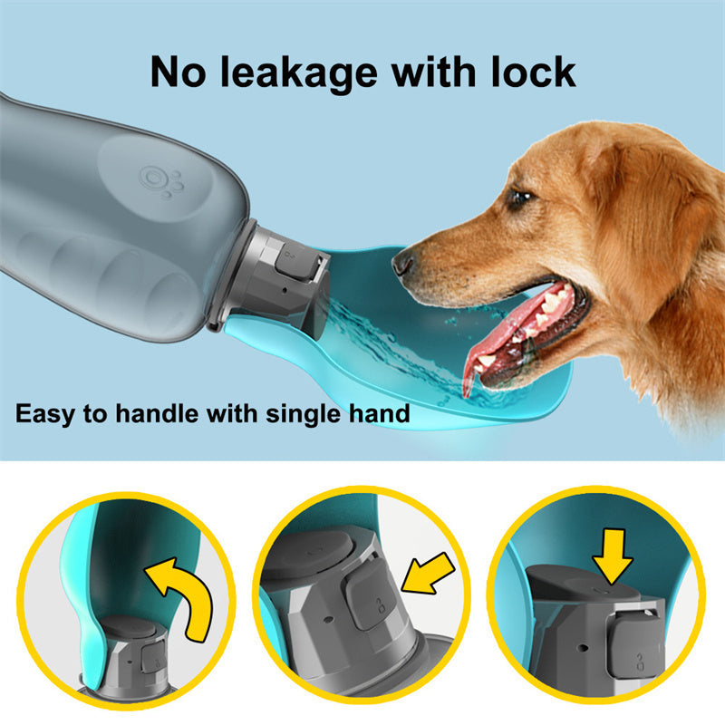 Portable dog water bottle with flip bowl and lock; water pours into dog’s mouth
