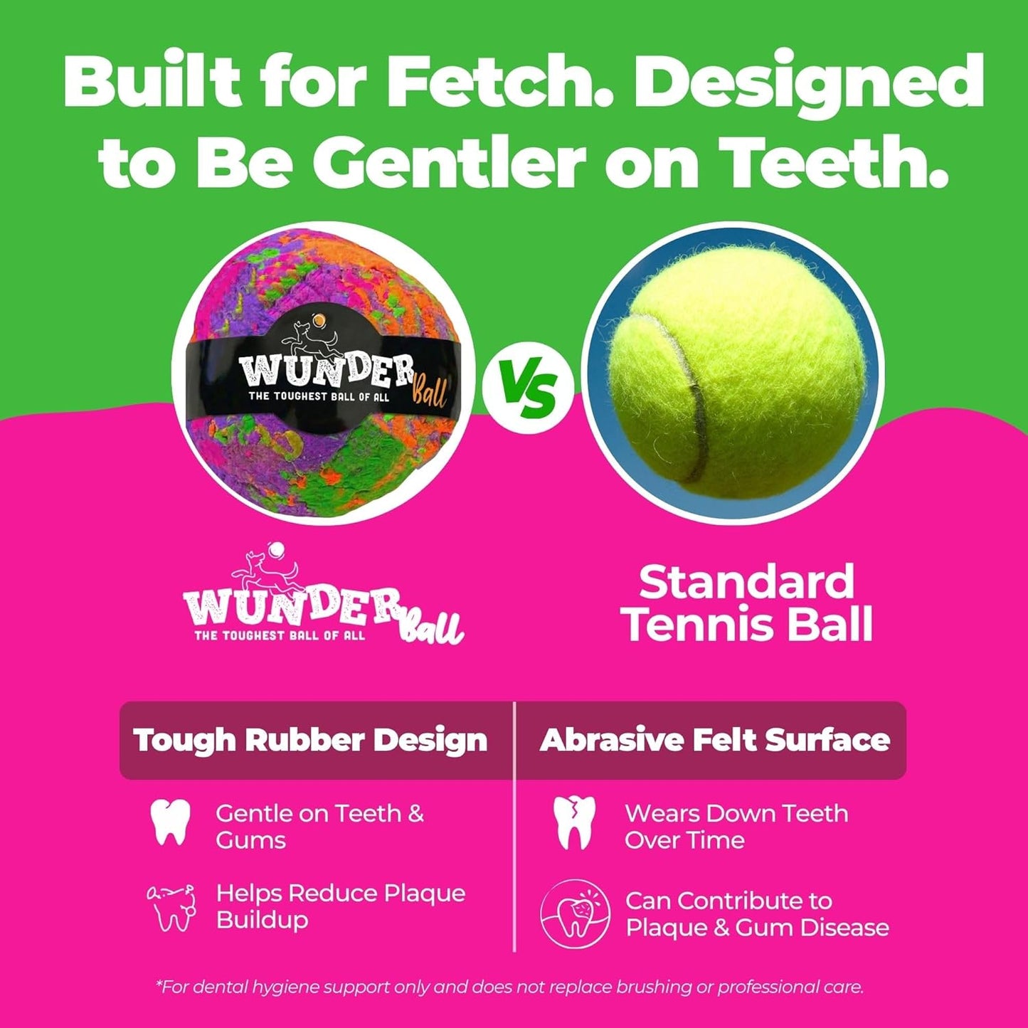 Colorful plush fetch toy ball and green tennis-style ball shown side by side