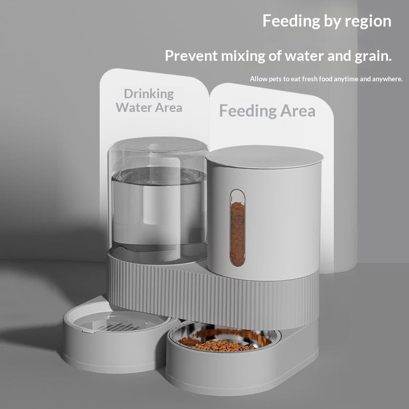 Automatic pet water and food dispenser with separate water container and feeding area, gray base