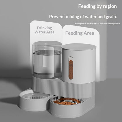 Automatic pet water and food dispenser with separate water container and feeding area, gray base