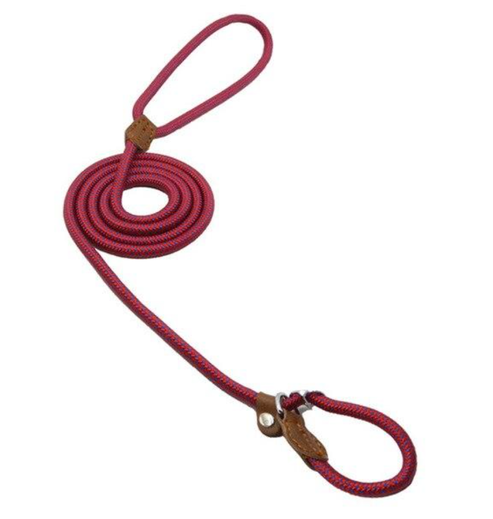Braided nylon dog leash and collar set, burgundy rope with brown leather tabs