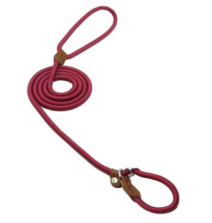 Braided nylon dog leash and collar set, burgundy rope with brown leather tabs