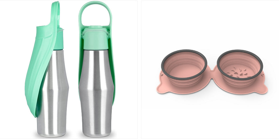 Portable pet dog water bottle with pink silicone leaf bowls and carry handle