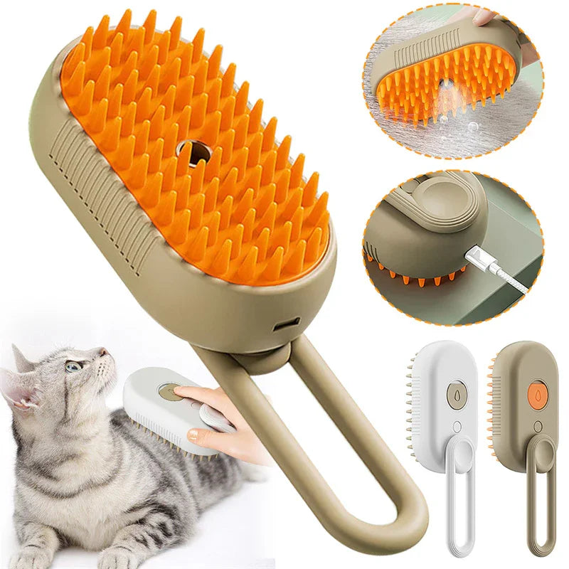 Beige electric cat spray brush with large orange spiked comb head and hand-held handle