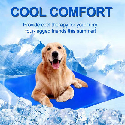 Blue cooling mat with golden retriever sitting on top