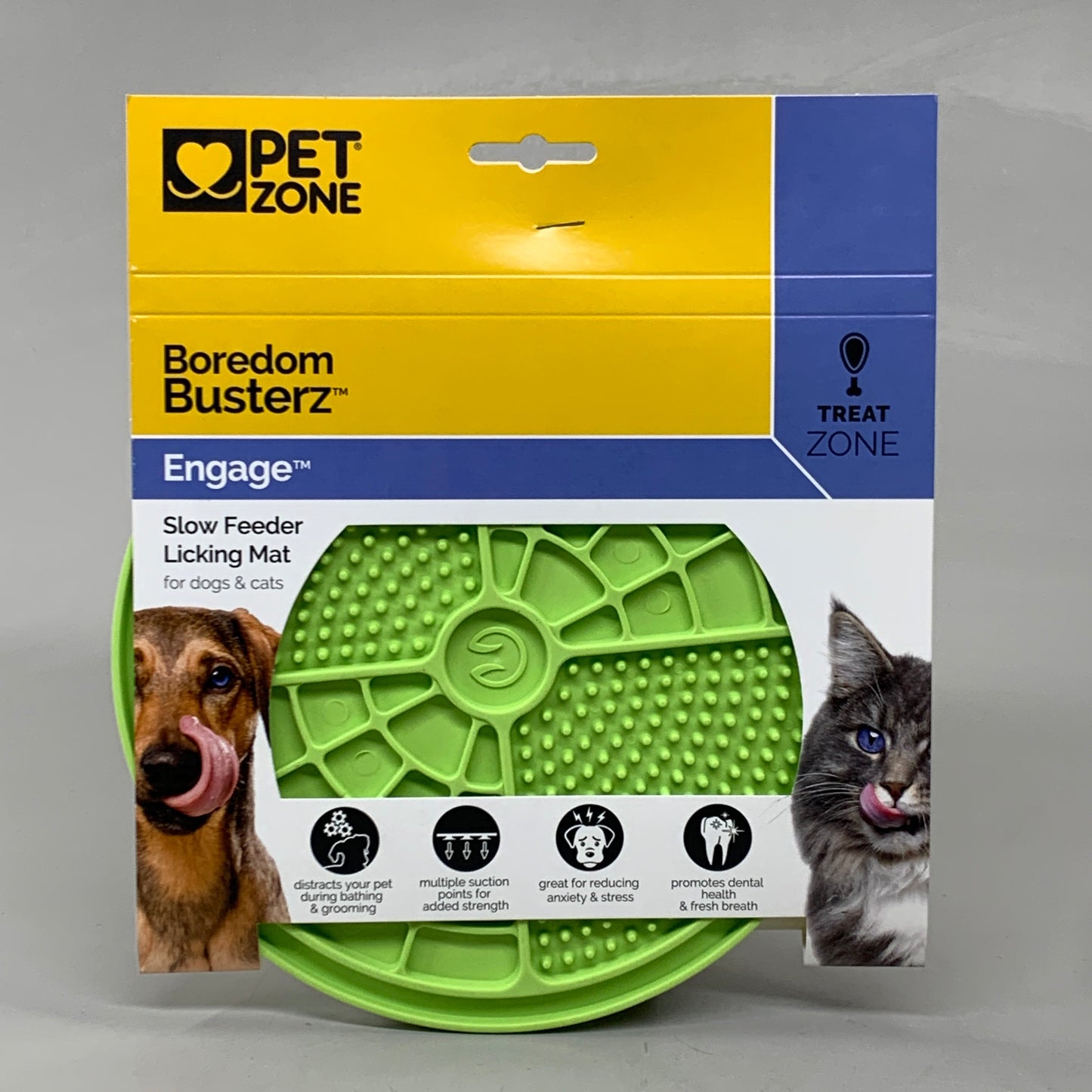 Green slow feeder licking mat shown on retail box packaging