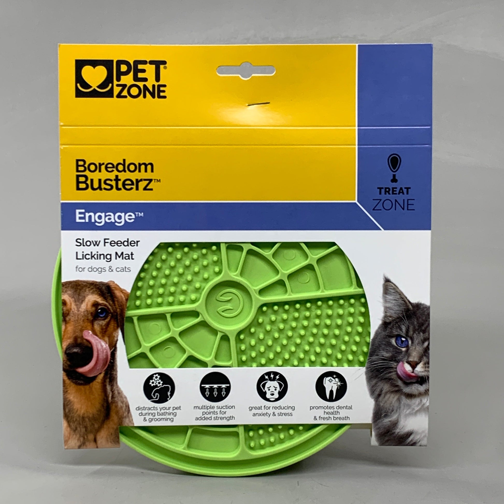 Green slow feeder licking mat shown on retail box packaging