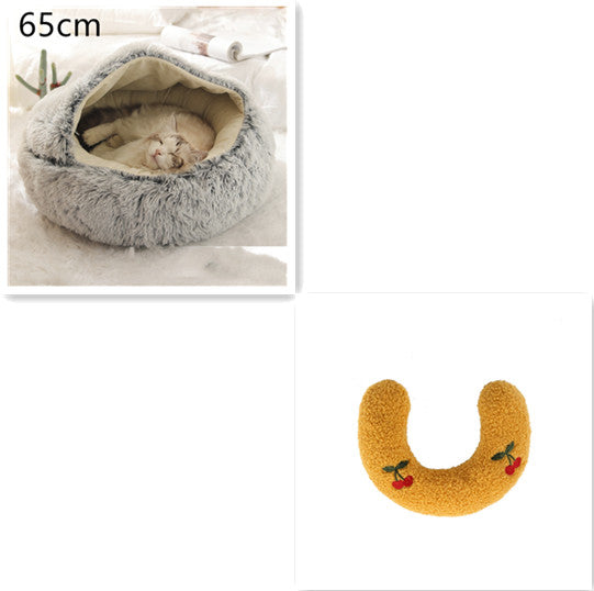 Grey plush pet bed for cats and dogs, 65cm round with soft furry outer and hollow center