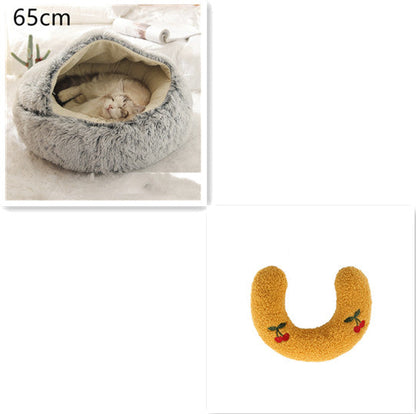 Grey plush pet bed for cats and dogs, 65cm round with soft furry outer and hollow center