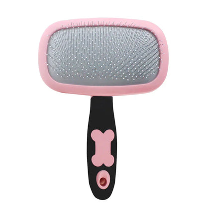 Pet grooming brush with pink oval pin pad and black handle, pink bone icon