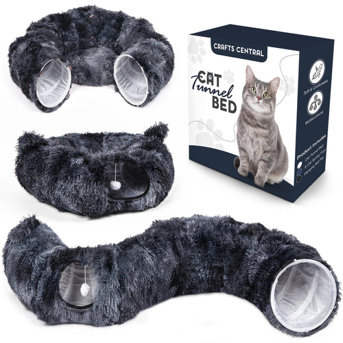 Dark gray plush cat tunnel bed with two circular fabric-lined entrances