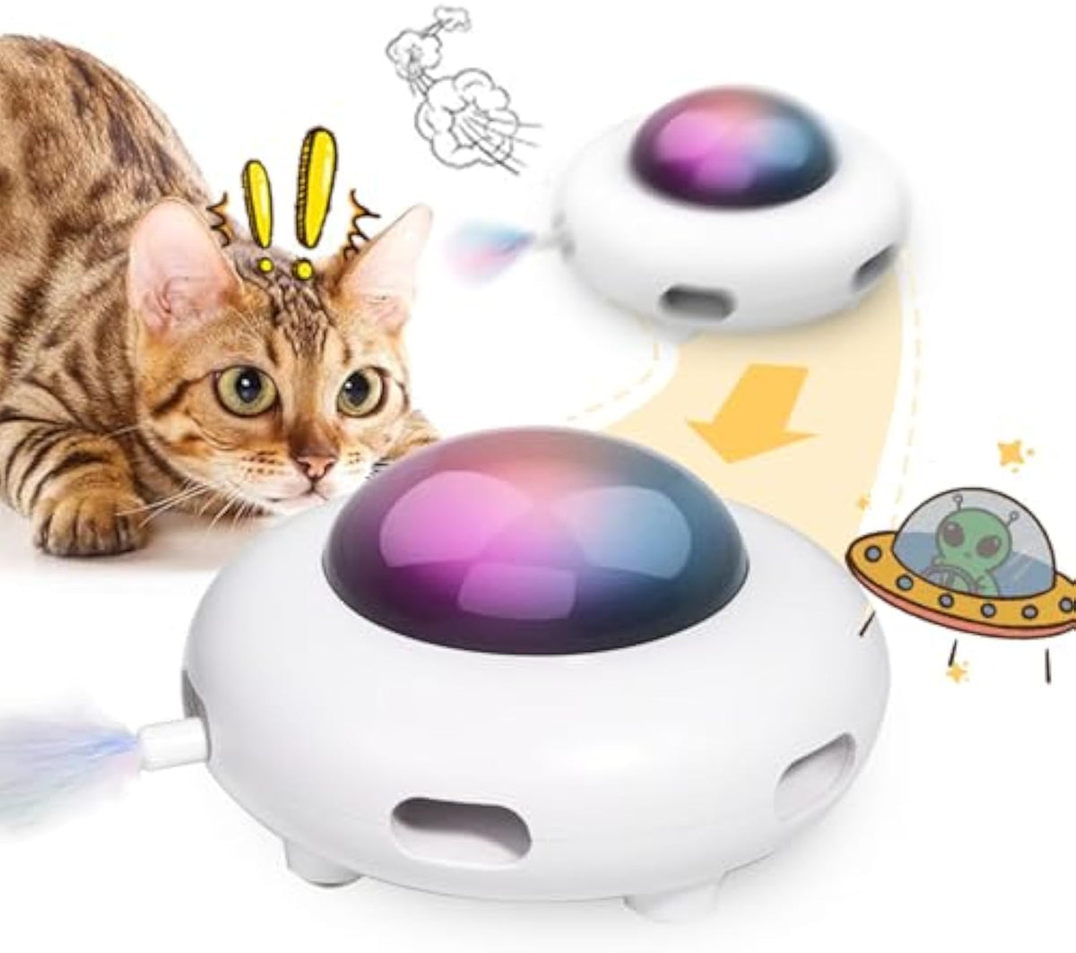 White automatic LED cat UFO toy with glowing dome, front view