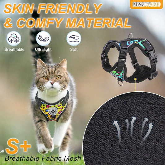Adjustable cat harness and leash with black mesh vest, leopard paw print design