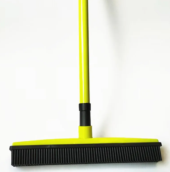 Pet hair removal broom mop with yellow handle and green base, black bristle head