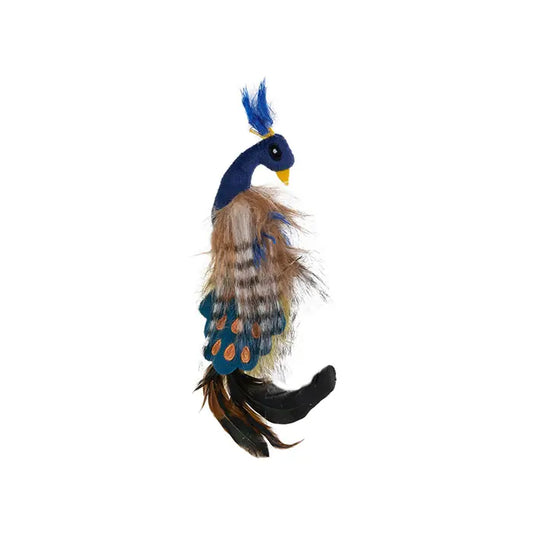 Peacock feather catnip toy with crinkly body, blue tuft, and multicolor feathers