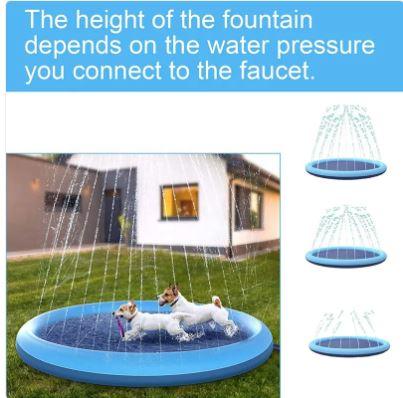 Pet swimming pool with blue rim and dark mesh base, dog and people relaxing