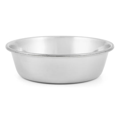 Stainless steel pet bowl side view with smooth reflective finish and rolled rim.