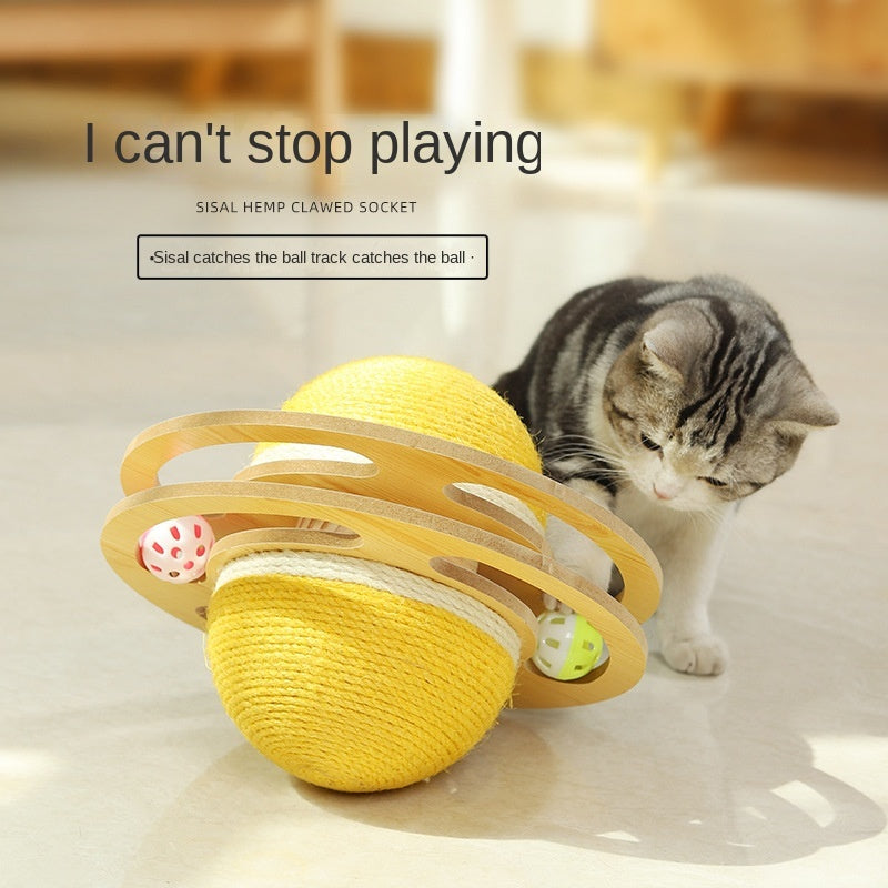Yellow sisal cat scratcher ball toy with dangling rope track and small colorful balls
